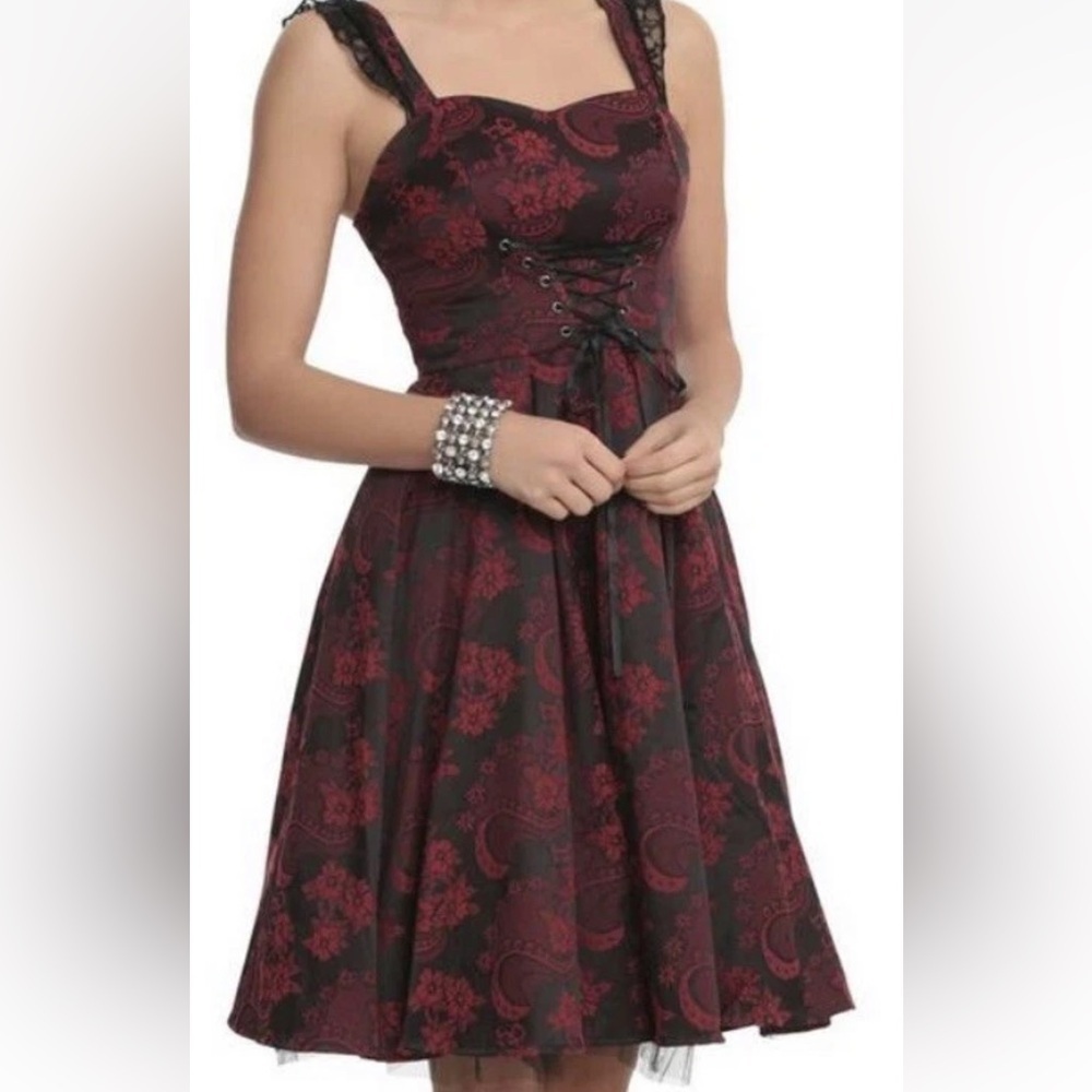 Elegant Black and Red Floral Brocade Gothic Dress 14